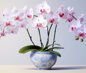 Storczyki, Listki, Zielone, Donica, Biało-różowe