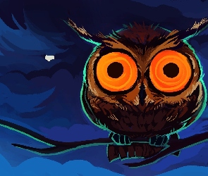 Sowa, Gałęzie, Brązowa, Oczy, Tło, Pomarańczowe, Grafika, Niebieskie