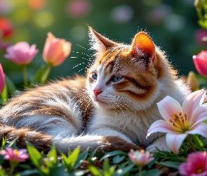 Kot, Tulipany, Lilie, Kwiaty, Leżący