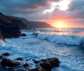 AI, Klify, Fale, Morze, Zachód słońca, Skały