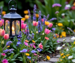 Ogród, Świeca, Kwiaty, Wiosna, Tulipany, Lampion