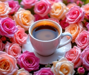 Filiżanka, Róże, Kawa, Talerzyk, Biała