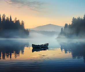 Grafika, Drzewa, Jezioro, Łódka