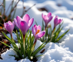 Krokusy, Grafika AI, Śnieg, Kwiaty, Fioletowe