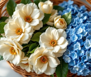 AI, Koszyk, Kamelie, Kwiaty, Hortensje, Niebieskie