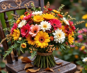 Kwiaty, Liście, Krzesło, Drewniane, Bukiet