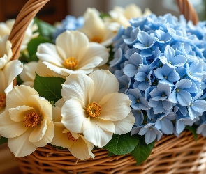 Koszyk, Wiklinowy, Kamelia, Kremowa, Niebieska, Hortensja