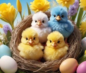 Pisanki, Gniazdko, Cztery, Kwiaty, Pisklęta, Wielkanoc, Kurczaczki
