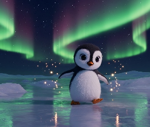 Zorza polarna, Lód, Zima, Pingwin