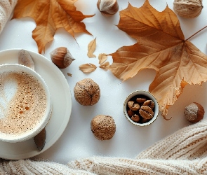 Brązowe, Orzechy, Filiżanka, Liście, Szal, Kawa, Talerzyk