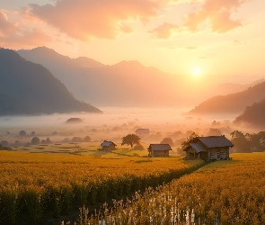 Drzewa, Mgła, Dolina, AI, Domy, Pola, Góry