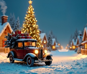 AI, Zima, Domy, Boże Narodzenie, Choinka, Samochód