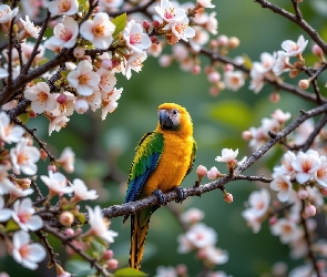 Kwiaty, Gałązki, Papuga, Drzewo owocowe