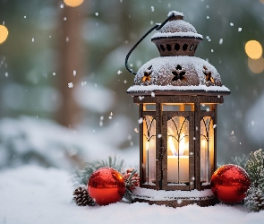 Śnieg, Gałązki, Zima, Świeca, Bombki, Lampion, Boże Narodzenie, Świerk