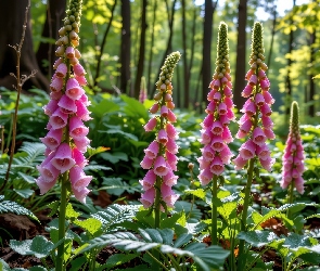 Różowe, Grafika, Las, Kwiaty, Naparstnica