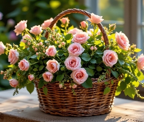 Okno, Stół, Róże, Kwiaty, Różowe, Koszyk