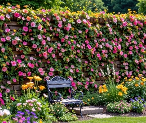 Mur, Ławka, Ogród, Kwiaty