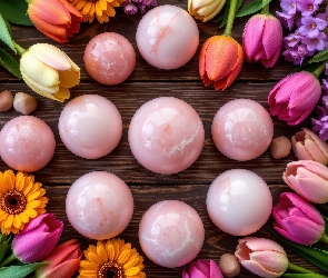 Deski, Tulipany, Kule, Różowe, Kolorowe, Kwiaty