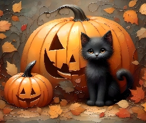 Grafika, Jesień, Kot, Halloween, Liść, Czarny, Dynia