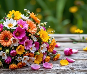 Deski, Płatki, Bukiet, Kwiaty