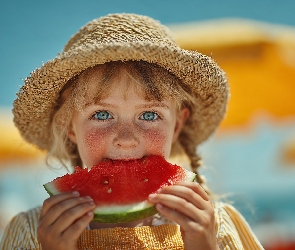 Arbuz, Kapelusz, Dziewczynka, Piegi