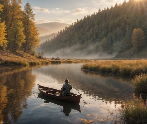 Mgła, Jesień, Jezioro, Wędkarz, Łódka, Drzewa
