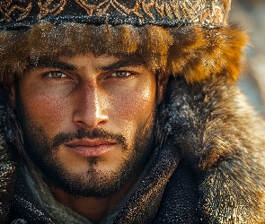 Spojrzenie, Grafika, Czapka, Futrzana, Mężczyzna