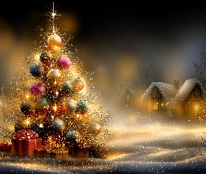Grafika AI, Noc, Choinka, Boże Narodzenie, Domy, Zima