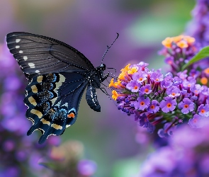 Grafika, Kwiaty, Motyl, Fioletowe