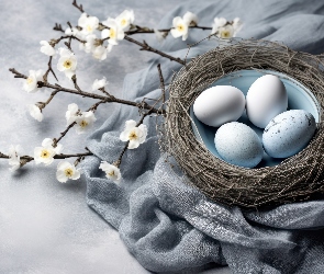 Kwiaty, Gałązki, Jajka, Wielkanoc, Gniazdo, Tkanina