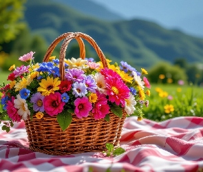 Góry, Koc, Kolorowe, Kwiaty, Wiklinowy, Koszyk
