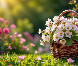 Trawa, Koszyk, Różowe, Białe, Kwiaty, Wiklinowy