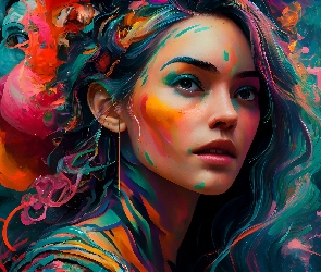 Grafika, Kolorowa, Twarz, Kobieta