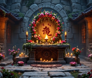 Ołtarz, Chiński, Wieniec, Znak, Latarnie, Świece, Kamienna, Budowla, Kwiaty