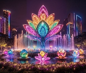 Fontanna, Domy, Światła, Kolorowe, Grafika