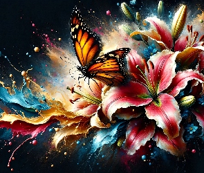 Tło, Czarne, Kwiaty, Grafika, Farba, Lilie, Motyl