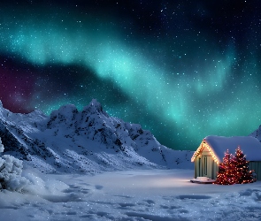 Choinki, Drewniany, Zima, Góry, Zorza polarna, Domek