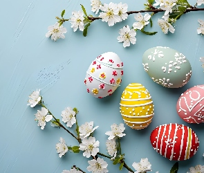 Kolorowe, Tło, Listki, Wielkanoc, Niebieskie, Kwiaty, Pisanki, Gałązki, Białe