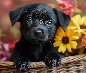 Pies, Koszyk, Kwiaty, Szczeniak, Czarny