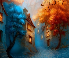 Grafika AI, Drzewa, Uliczki, Domy, Niebieskie, Czerwone