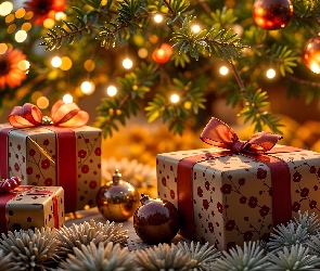 Prezenty, Bombki, Choinka, Boże Narodzenie