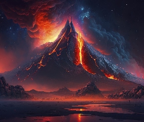 AI, Noc, Erupcja, Wulkan, Ogień, Dym