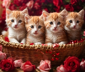 Róże, Kwiaty, Kocięta, Grafika, Koszyk, Cztery, Koty
