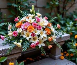 Kwiaty, Róże, Kolorowe, Lilie, Ławka, Białe, Bukiet, Betonowa