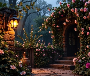 Świecący, Różowe, Ogród, Mur, Schody, Lampa, Drzwi, Kwiaty