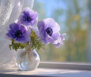 Firanki, Okno, Zawilce, Grafika AI, Wazon, Fioletowe, Anemony