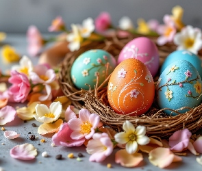 Kwiaty, Płatki, Jajka, Wielkanoc, Gniazdo, Kolorowe, Pisanki