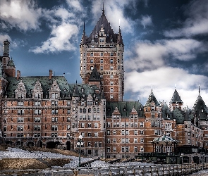 Quebec, Chateau Frontenac, Kanada, Hotel, Niebo, Zamek, Chmury, Zima