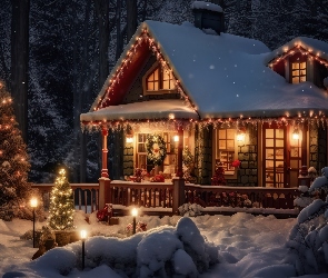 Zima, Choinka, Boże Narodzenie, Drzewa, Noc, Dom, Grafika, Światła