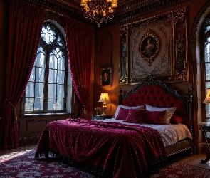 Obrazy, Lampki, Sypialnia, Łóżko